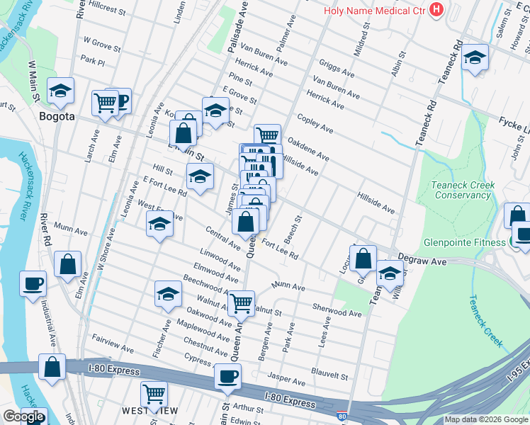map of restaurants, bars, coffee shops, grocery stores, and more near 290 Hickory Street in Teaneck