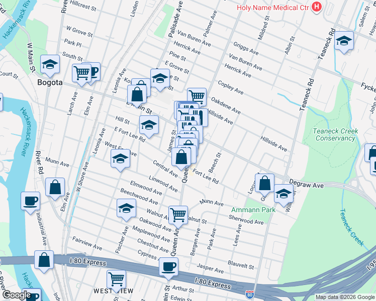 map of restaurants, bars, coffee shops, grocery stores, and more near 98 Fort Lee Road in Teaneck