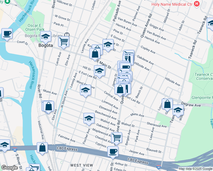 map of restaurants, bars, coffee shops, grocery stores, and more near 175 Central Avenue in Bogota