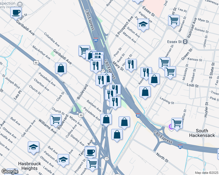 map of restaurants, bars, coffee shops, grocery stores, and more near 357 East Pleasantview Avenue in Hackensack