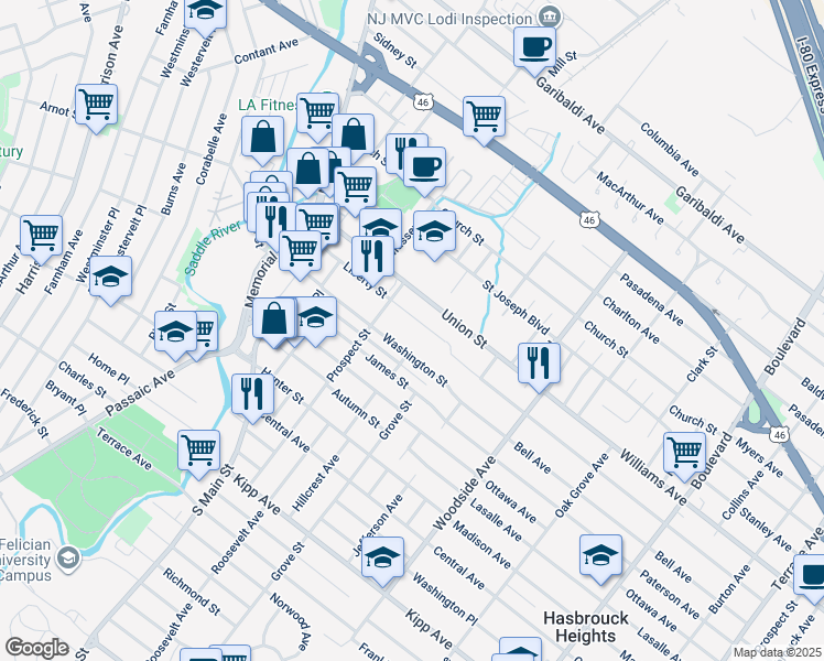 map of restaurants, bars, coffee shops, grocery stores, and more near 108 Washington Street in Lodi