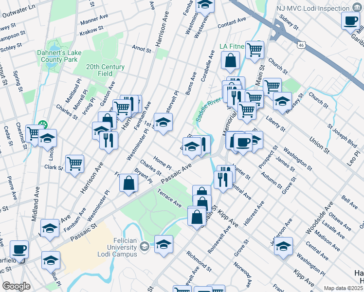 map of restaurants, bars, coffee shops, grocery stores, and more near 435 Passaic Avenue in Lodi