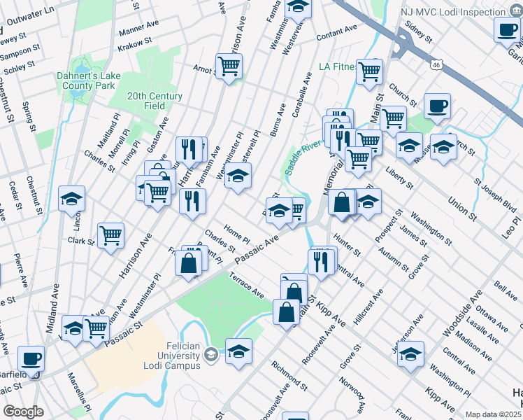 map of restaurants, bars, coffee shops, grocery stores, and more near 435 Passaic Avenue in Lodi