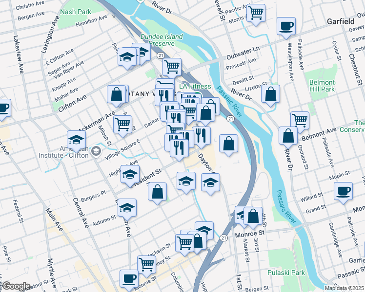 map of restaurants, bars, coffee shops, grocery stores, and more near 106 President Street in Passaic