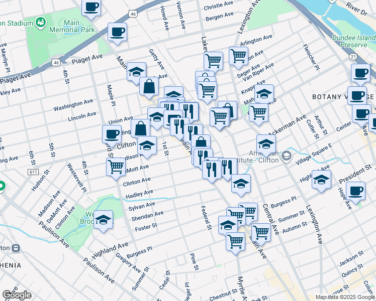 map of restaurants, bars, coffee shops, grocery stores, and more near 19 DeMott Avenue in Clifton