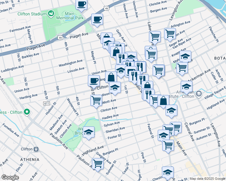 map of restaurants, bars, coffee shops, grocery stores, and more near 76 DeMott Avenue in Clifton