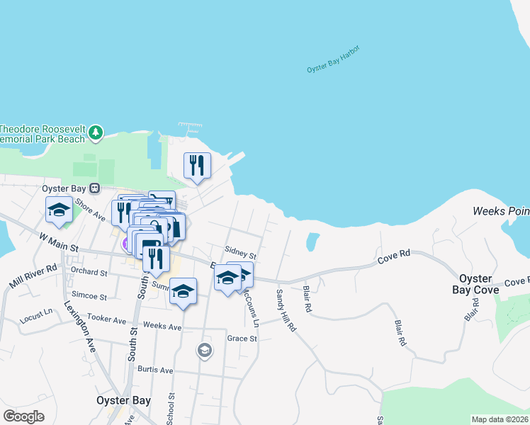 map of restaurants, bars, coffee shops, grocery stores, and more near 81 Ships Point Lane in Oyster Bay