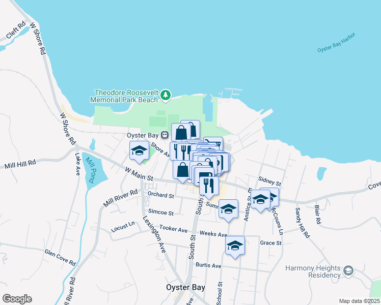 map of restaurants, bars, coffee shops, grocery stores, and more near 54 Audrey Avenue in Oyster Bay