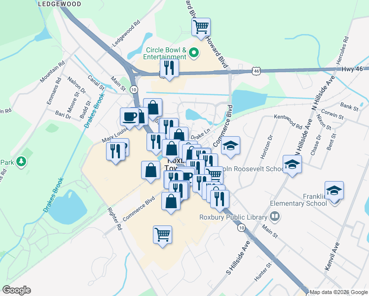 map of restaurants, bars, coffee shops, grocery stores, and more near in Roxbury Township