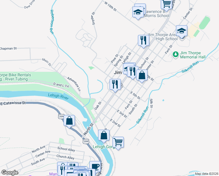 map of restaurants, bars, coffee shops, grocery stores, and more near 45 West 4th Street in Jim Thorpe