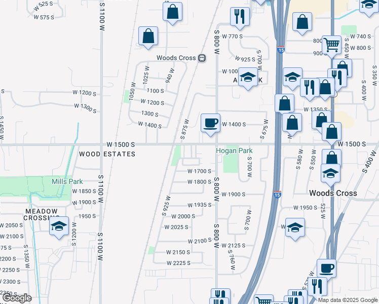 map of restaurants, bars, coffee shops, grocery stores, and more near 1552 South 850 West in Woods Cross