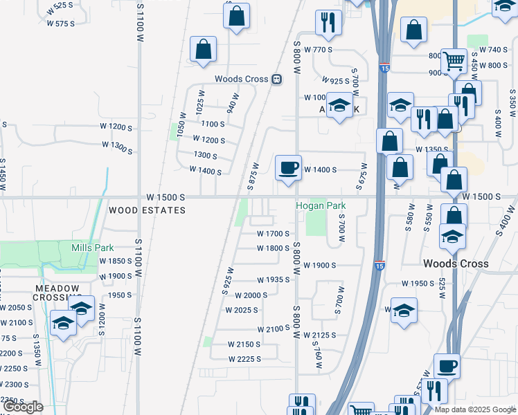 map of restaurants, bars, coffee shops, grocery stores, and more near 1552 South 850 West in Woods Cross