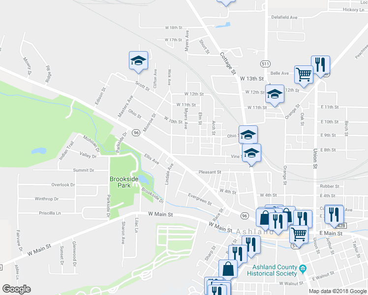 map of restaurants, bars, coffee shops, grocery stores, and more near 800 Myers Avenue in Ashland