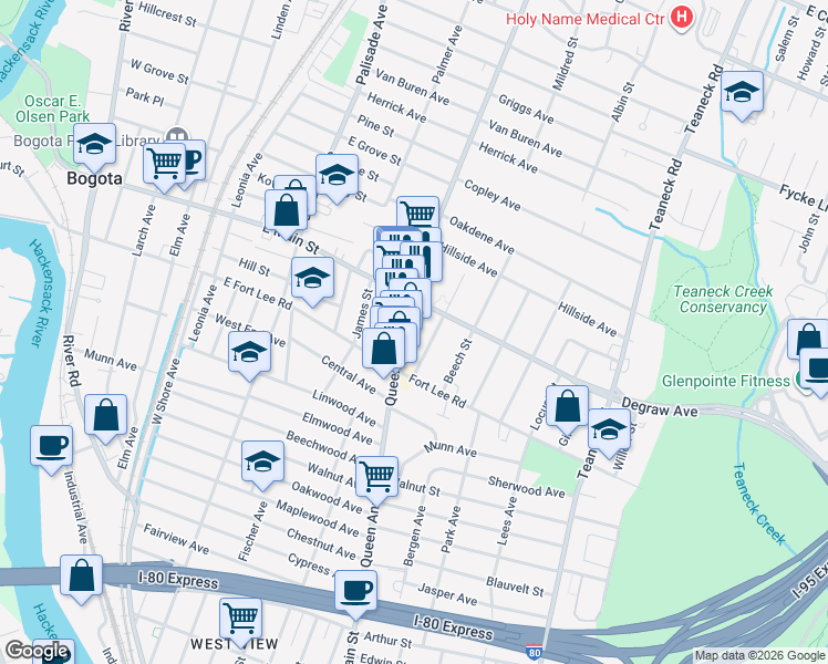 map of restaurants, bars, coffee shops, grocery stores, and more near 311 Queen Anne Road in Teaneck