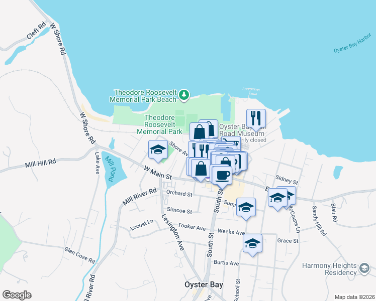 map of restaurants, bars, coffee shops, grocery stores, and more near 17 Maxwell Avenue in Oyster Bay