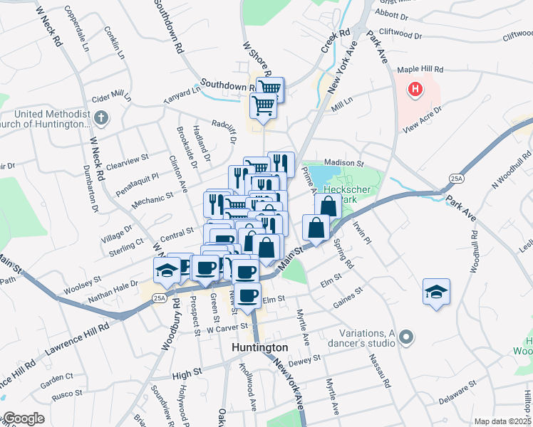map of restaurants, bars, coffee shops, grocery stores, and more near 243 New York Avenue in Huntington