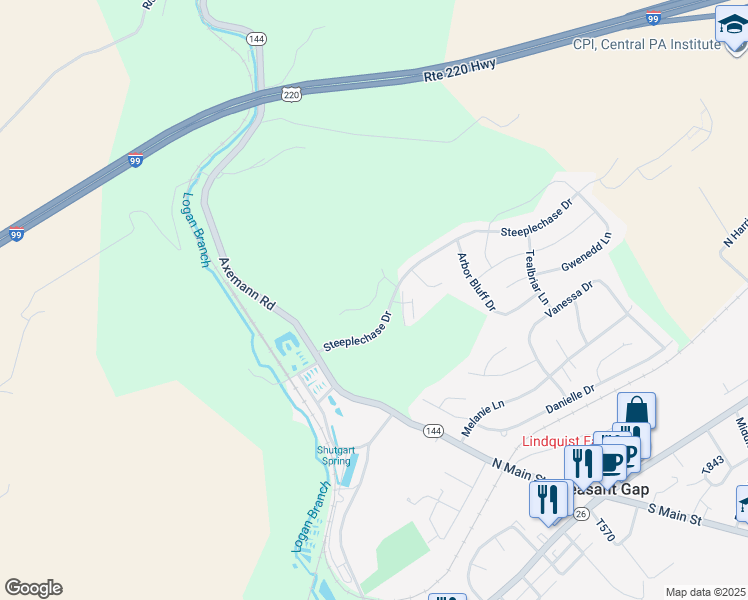map of restaurants, bars, coffee shops, grocery stores, and more near Highpoint Park Drive in Pleasant Gap