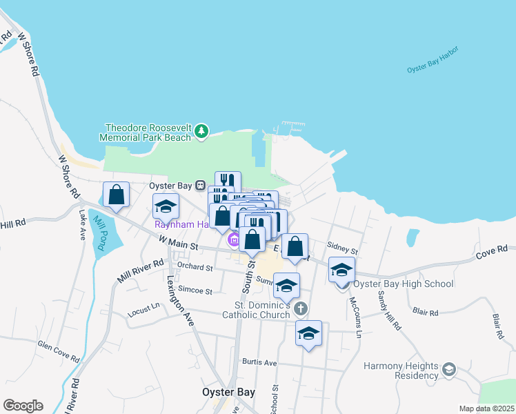 map of restaurants, bars, coffee shops, grocery stores, and more near 46 Hamilton Avenue in Oyster Bay