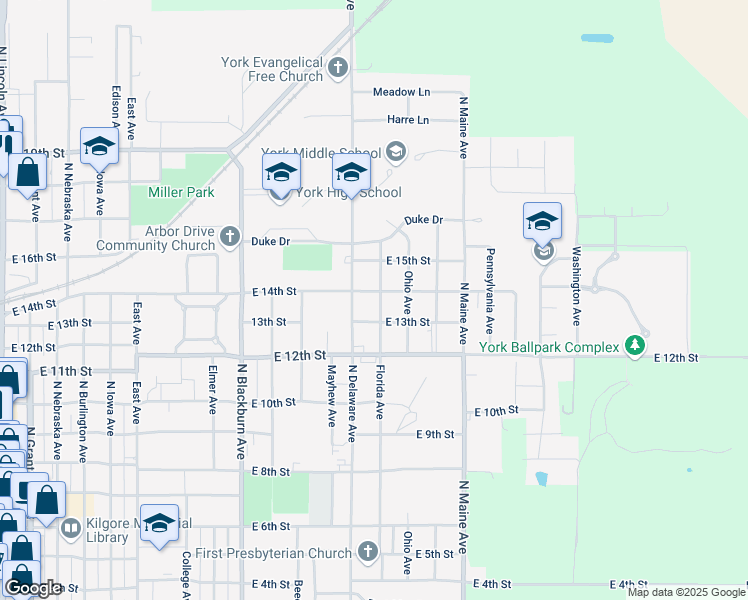 map of restaurants, bars, coffee shops, grocery stores, and more near 1416 Florida Avenue in York
