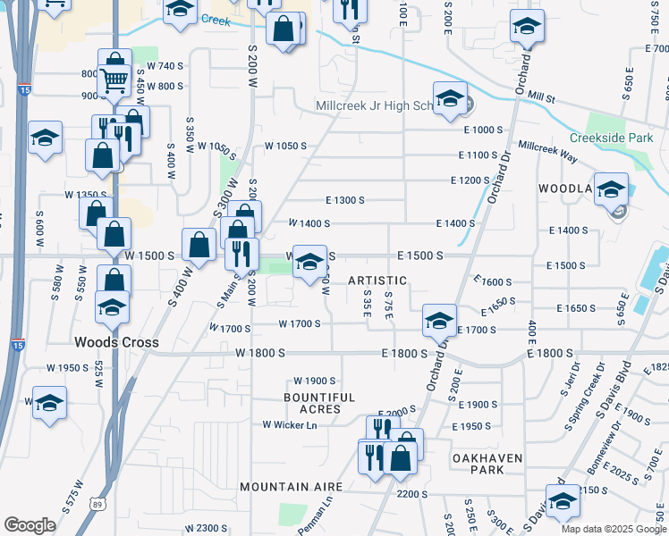 map of restaurants, bars, coffee shops, grocery stores, and more near 48 West 1500 South in Bountiful