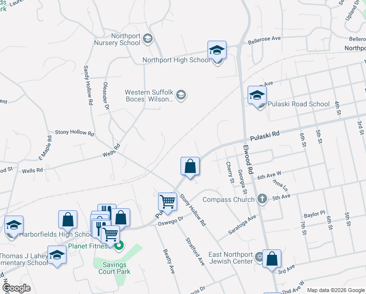 map of restaurants, bars, coffee shops, grocery stores, and more near 7 Stony Hollow Court in Greenlawn