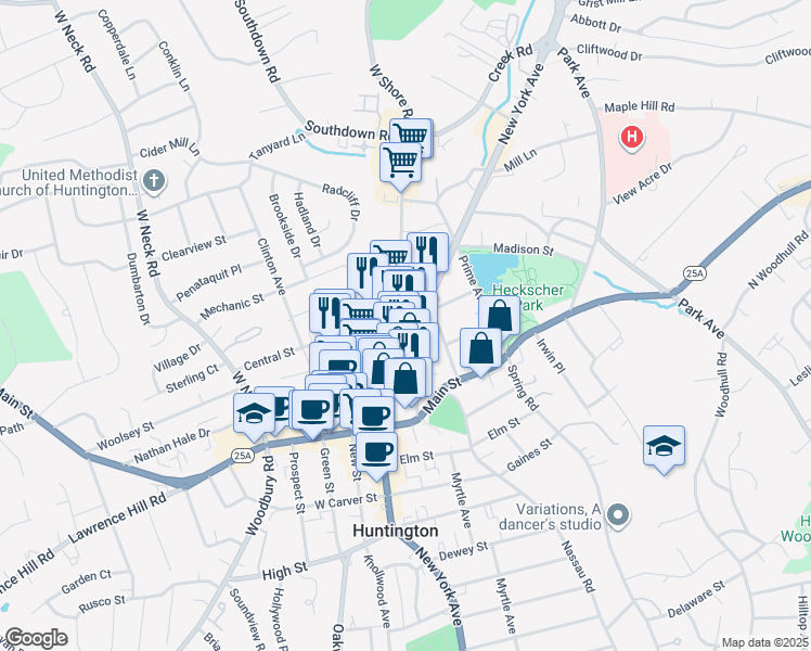 map of restaurants, bars, coffee shops, grocery stores, and more near 243 New York Avenue in Huntington