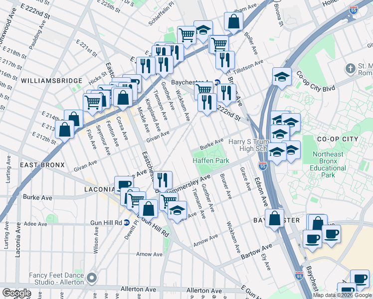 map of restaurants, bars, coffee shops, grocery stores, and more near 3227 Wickham Avenue in The Bronx