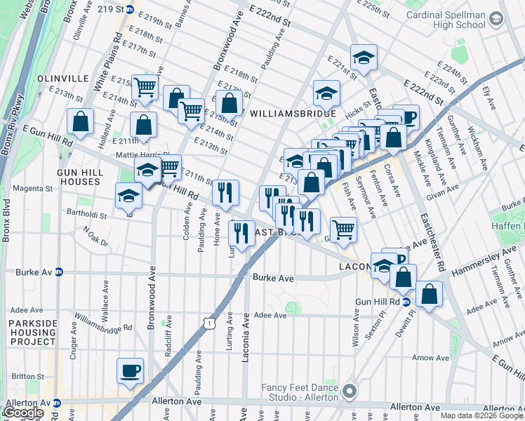 map of restaurants, bars, coffee shops, grocery stores, and more near 1118 East 212th Street in Bronx