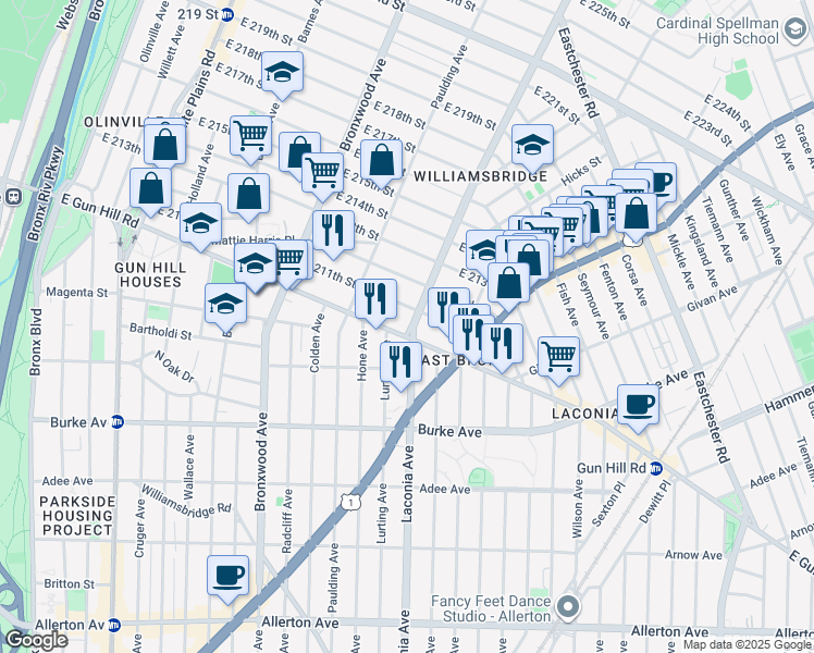 map of restaurants, bars, coffee shops, grocery stores, and more near 1065 East 211th Street in The Bronx