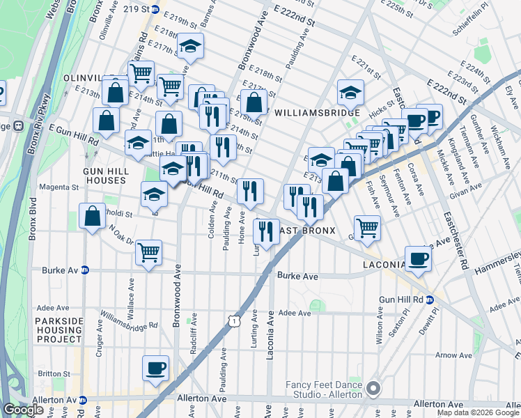 map of restaurants, bars, coffee shops, grocery stores, and more near 1014 East 211th Street in Bronx