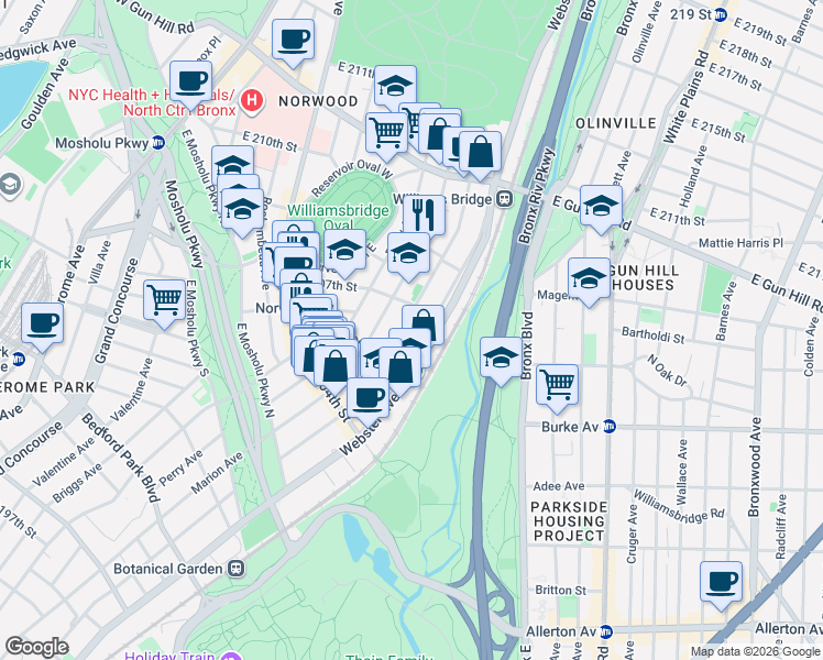 map of restaurants, bars, coffee shops, grocery stores, and more near 3220 Decatur Avenue in Bronx