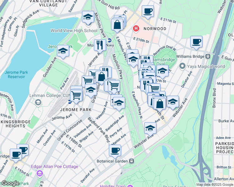map of restaurants, bars, coffee shops, grocery stores, and more near 205 East 205th Street in Bronx
