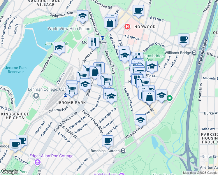map of restaurants, bars, coffee shops, grocery stores, and more near 205 East 205th Street in The Bronx