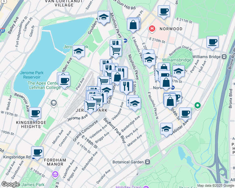map of restaurants, bars, coffee shops, grocery stores, and more near in The Bronx