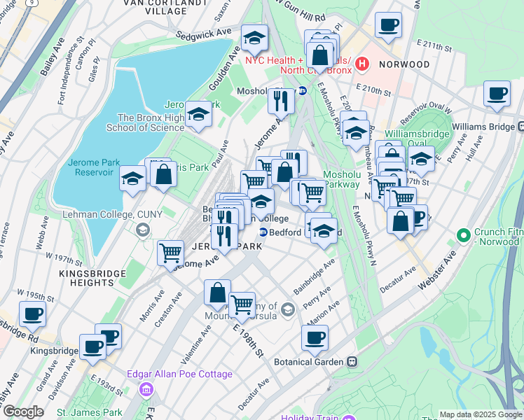 map of restaurants, bars, coffee shops, grocery stores, and more near 21 East 204th Street in Bronx