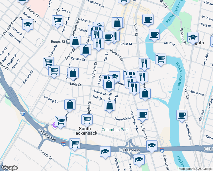 map of restaurants, bars, coffee shops, grocery stores, and more near 76 Broadway in Hackensack