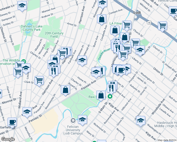 map of restaurants, bars, coffee shops, grocery stores, and more near 28 Burns Avenue in Lodi