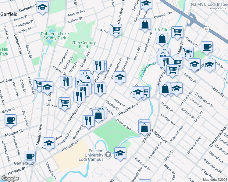 map of restaurants, bars, coffee shops, grocery stores, and more near 143 Westervelt Place in Lodi