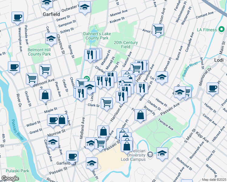 map of restaurants, bars, coffee shops, grocery stores, and more near 78 Gaston Avenue in Garfield