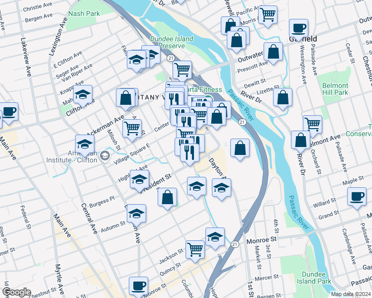 map of restaurants, bars, coffee shops, grocery stores, and more near 1 Forstmann Court in Clifton
