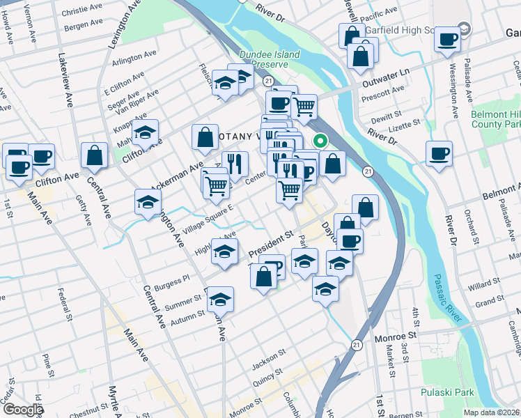 map of restaurants, bars, coffee shops, grocery stores, and more near 80 Lake Avenue in Clifton