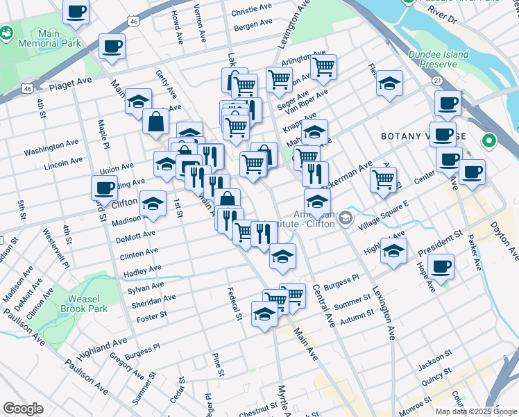 map of restaurants, bars, coffee shops, grocery stores, and more near 74 Getty Avenue in Clifton