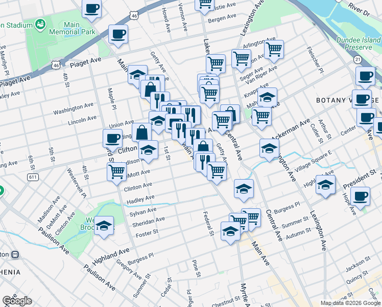 map of restaurants, bars, coffee shops, grocery stores, and more near 1138 Main Avenue in Clifton
