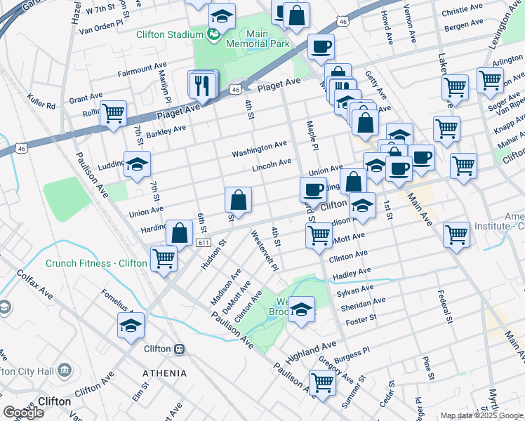 map of restaurants, bars, coffee shops, grocery stores, and more near 212 Harding Avenue in Clifton
