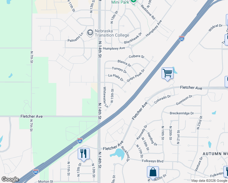 map of restaurants, bars, coffee shops, grocery stores, and more near 6326 North 15th Street in Lincoln