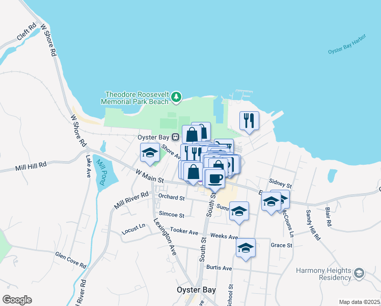 map of restaurants, bars, coffee shops, grocery stores, and more near 17 Maxwell Avenue in Oyster Bay