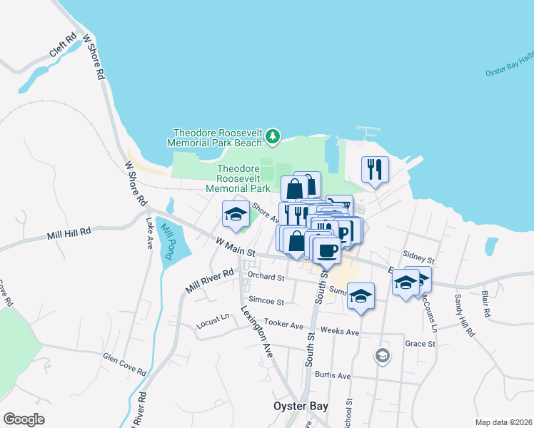 map of restaurants, bars, coffee shops, grocery stores, and more near Shore Avenue in Oyster Bay