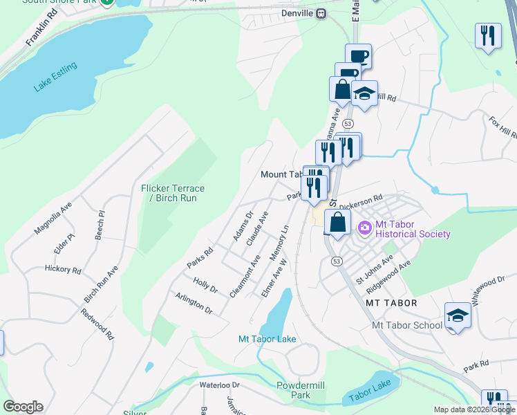 map of restaurants, bars, coffee shops, grocery stores, and more near 32 Parks Road in Denville