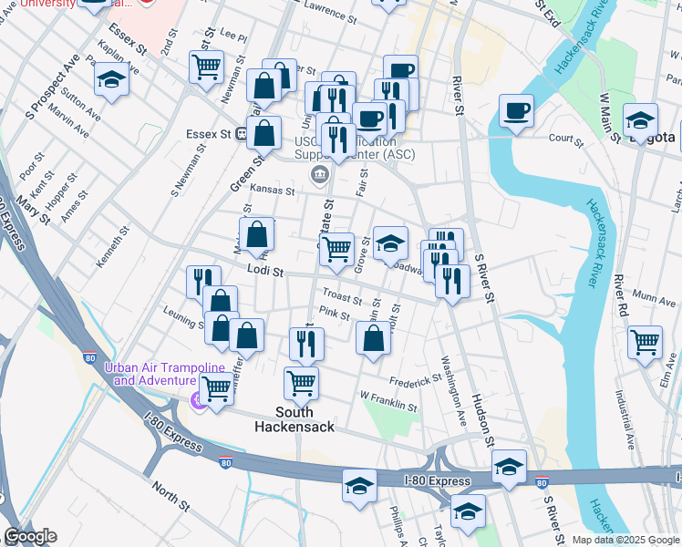 map of restaurants, bars, coffee shops, grocery stores, and more near 99 Fair Street in Hackensack