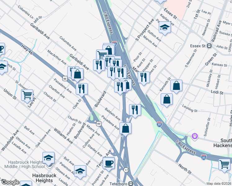 map of restaurants, bars, coffee shops, grocery stores, and more near 309 Vincent Avenue in Hackensack